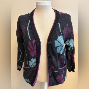 Camela 100% Wool Purple Teal Black Shamrock Cardigan Sweater women's size Small